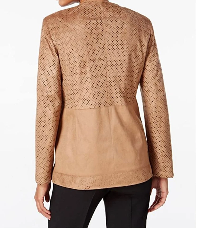 Chaqueta de mujer JM Collection imitación gamuza corte láser marrón manga larga grande Foto 2 de 4