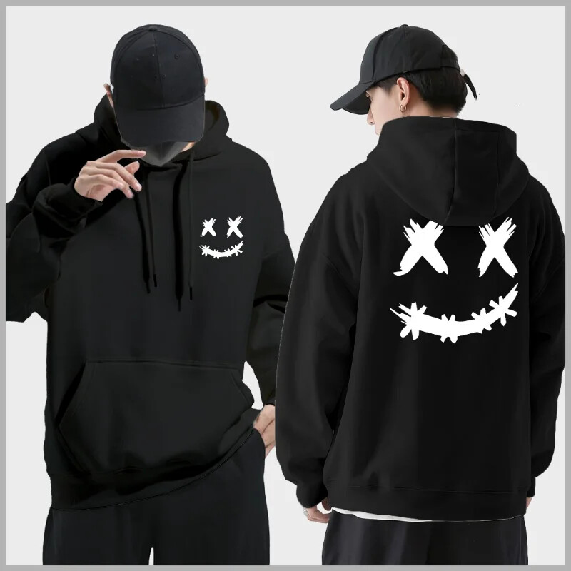 Spring Autumn Wool Men's Hoodie Double Smiley Printed Sweatshirt