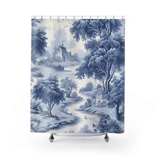 French Country Shower Curtain Boho Blue and white Toile Pastoral, Housewarming,