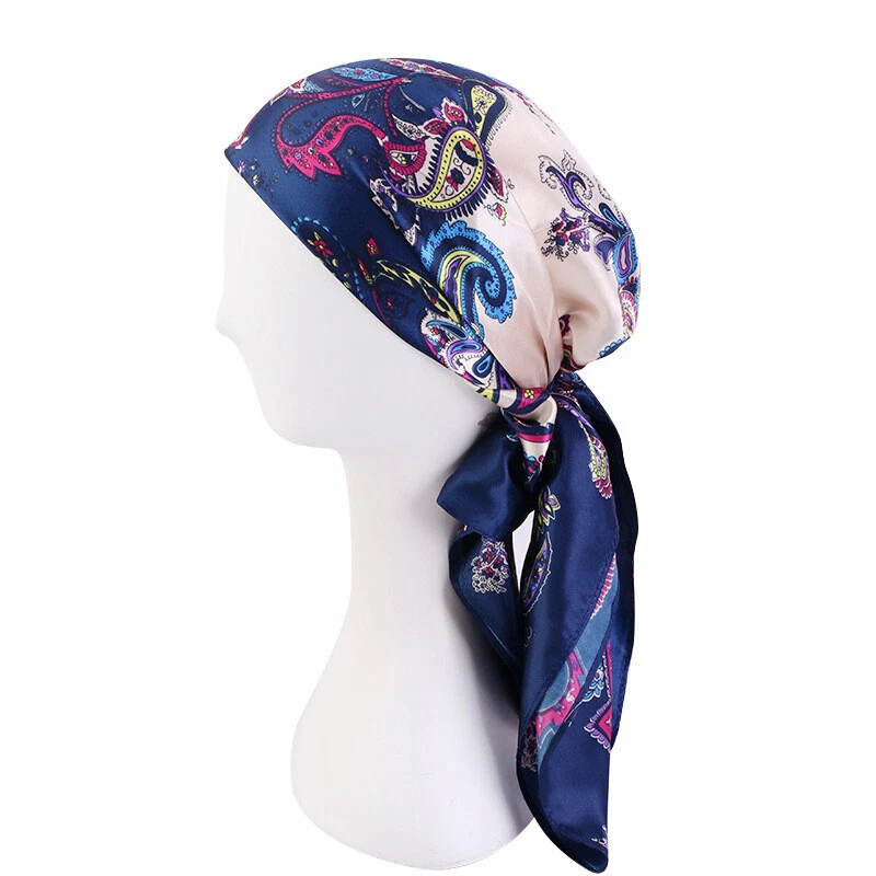 Pañuelo cuadrado 90*90 cm para mujer estampado satinado gorros sombrero turbante envoltura para la cabeza Foto 3 de 4