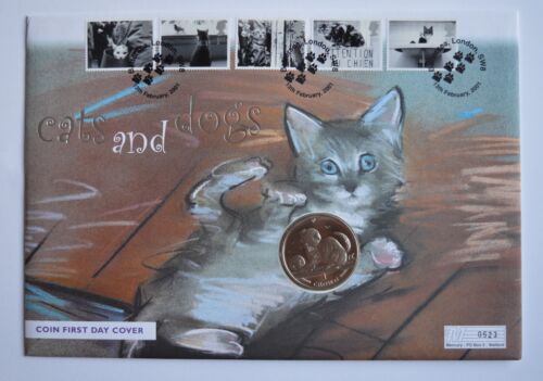 2000 Gibraltar One Crown Cats and Dogs Battersea  Coin First Day Cover FDC PDC - Afbeelding 1 van 2