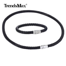 BLACK Braided Leather Rope Bracelet Necklace Magnetic Buckle Jewelry Set 8"-24"
