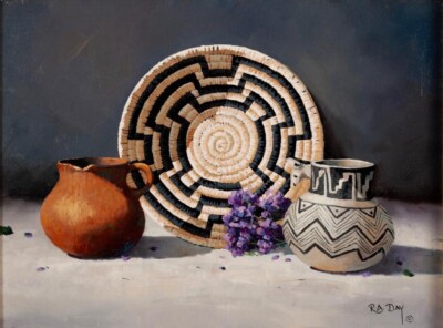 Rose Ann Day Trompe Native American Still Life Oil On Board Signed in Gold Frame