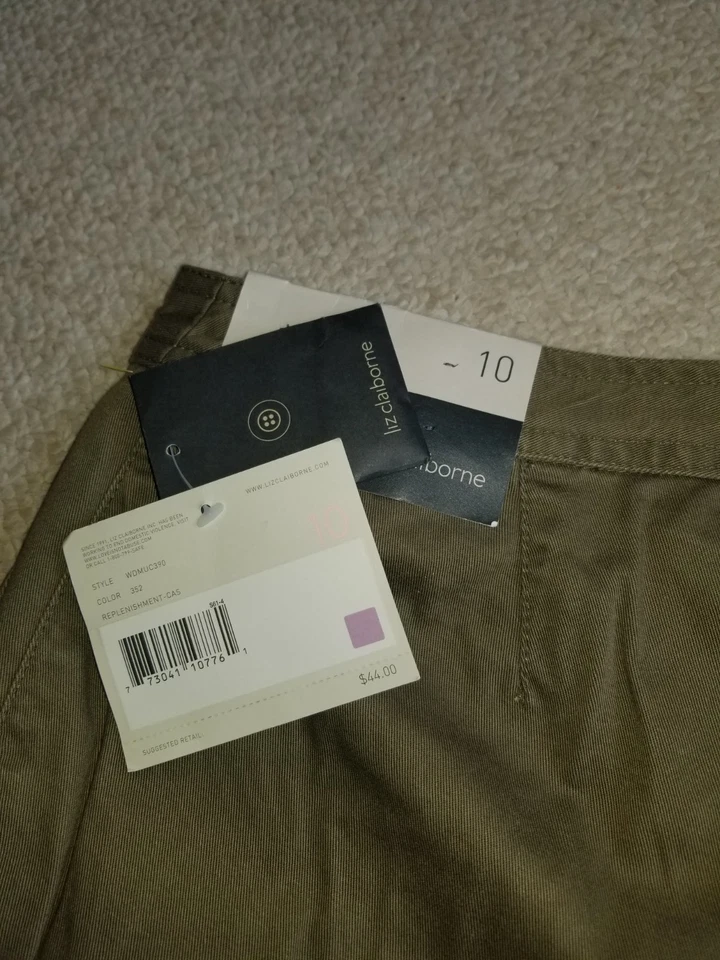 Pantalones de mujer nuevos con etiquetas-LIZ CLAIBORNE-verde ejército 100% algodón "Audra; recortado"-10 Foto 4 de 4
