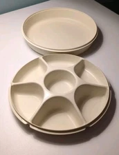 Tupperware # 1665,  # 1666 Almond 2-Piece Serving Chip n Dip Divided Tray