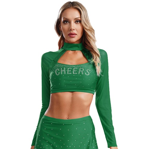 Women Cheer Uniform Tops Night Club Crop Top Rhinestone Cheerleader Costume - Picture 19 of 87