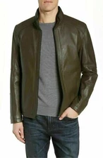 Men Genuine Lambskin Leather Olive Green Unique Pattern Slim Moto Coat Jacket