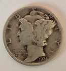 1936-P  Mercury Dime 90% Silver- Circulated  NICE COIN