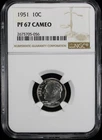 1951 Proof Roosevelt Silver Dime  10c NGC  PF67 Cameo