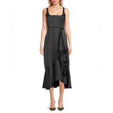  298 NWOT BCBGMaxAzria Ruffle Midi Cocktail Dress in Black Sz 2