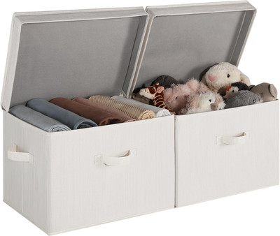 2PC Closet Storage Bin with Lids, Decorative Storage Boxes with Handles - Fabric