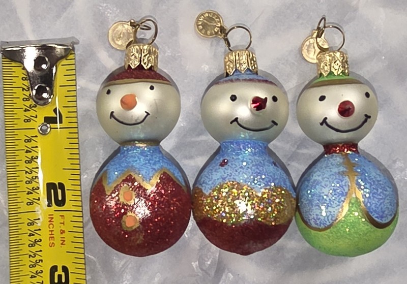 Set of 3 vtg Dept 56 glass blown glitter snowman Christmas ornaments 2.5 in
