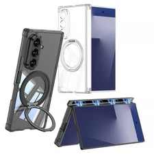 For Samsung Galaxy Z Fold 7 Soft Rubber Clear Case Rotating Magnetic Ring Stand