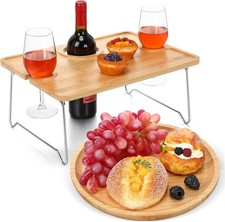 Picnic Foldable Wine Table W/ Bamboo Plate Kit Handmade Handle Portable Bamboo