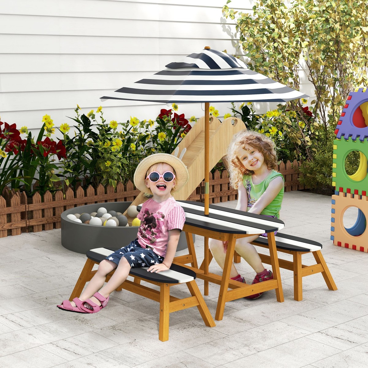 Kids Picnic Table Set W/ Removable Umbrella for Kids 3-8 Years