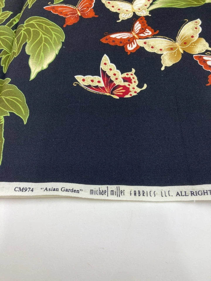 2 yds Asian Garden Butterflies Large Floral Flowers Gold Metallic Border Type - Image 3 of 4