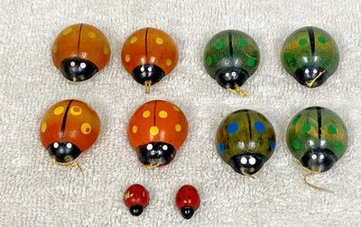 10 Vintage Painted Wood Orange Green Red Ladybug Beetle Refrigerator Magnets