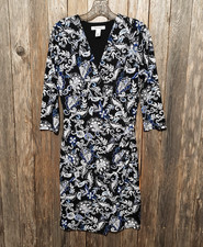 WHBM Dress S Black Blue White Floral Surplice V Neck Ruched Office Boho Coastal