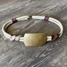 VTG 1970'S BELT Beige Stretch Rope Leather HAMMERED BRASS Ombre Back Buckle S