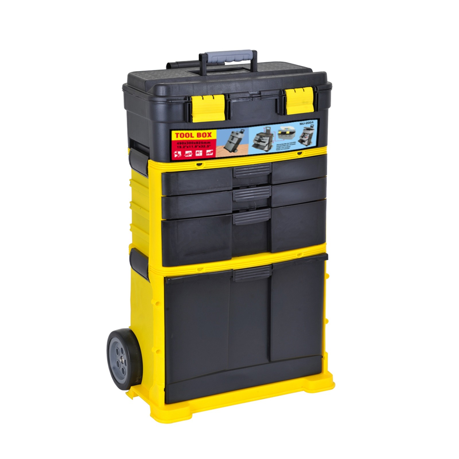 Yellow Workshop Stackable Rollin Tool Box 3 in 1 Tilting Bin Toolbox Pull Handle