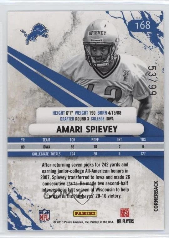 2010 Panini Rookies & Stars Rookie Longevity Holofoil /99 Amari Spievey #168 RC - Image 2 of 2