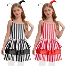 Kids Girl Outfits Stage Costume Spaghetti Dress Ruffle 2Pcs Masquerade Striped