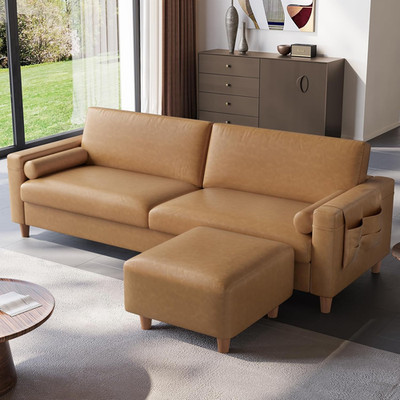 100'' Faux Leather L-Shaped Sofa with Ottoman & Side Pocket, Camel