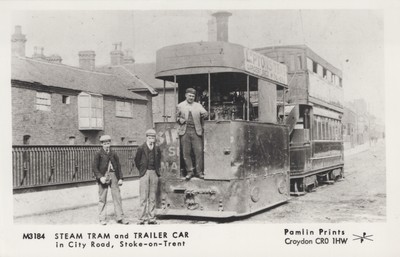 AK Pamlin Prints M3184 Dampf Straßenbahn und Anhänger Stadt Rd Stoke-on-Trent um 1890