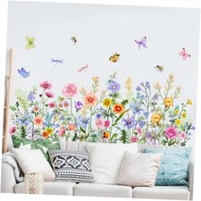 Colorful Floral Wall Decals Wildflowers Wall Stickers Butterfly Green Flower