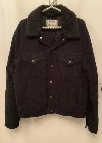 Acne Studios Black Corduroy Trucker Jacket Removable Fur Collar Snap Button Sz52 video thumbnail
