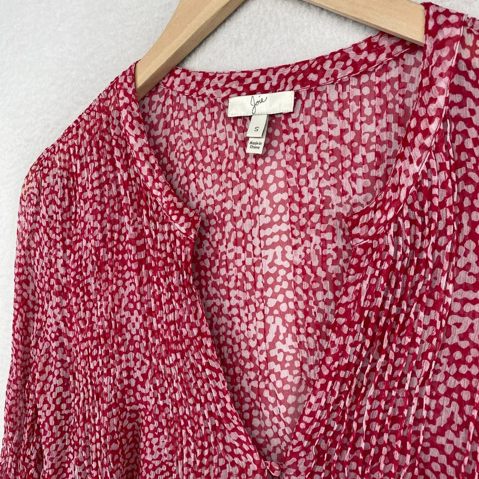 JOIE Top S Silk Chiffon Print Blouse Sheer Pintuck Button Front 3/4 Sleeve Pink - Image 2 of 4
