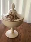 VINTAGE WESTMORELAND ALMOND MILK GLASS W/BROWN HAND PAINTED ROSE