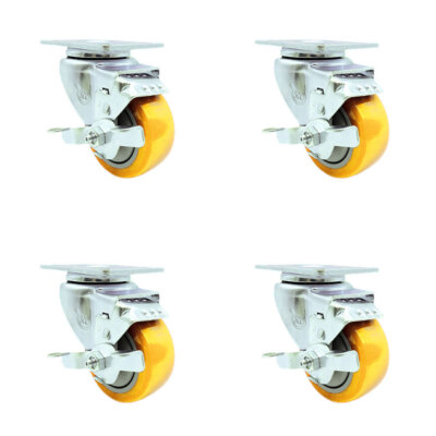 3.5 Inch Yellow Polyurethane Wheel Swivel Top Plate Caster Set with Brake SCC
