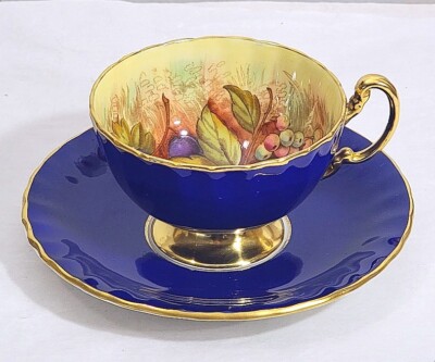 Aynsley England Orchard Fruits Signed by D. Jones Cobalt Blue Cup & Saucer   520