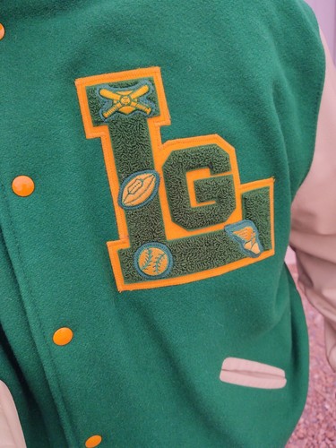 Vintage Letterman's Green And Yellow White Leather Sleeves Watts Bulldog L G USA - Picture 4 of 5