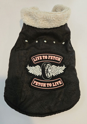 Live to Fetch Fetch to Live Angel Wings Moto Black Dog Coat Sweater Studs Sz Med