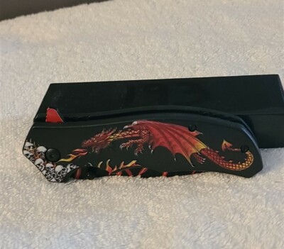 DRAGON FLAMES FIRE SKULLS SPRING ASSISTED KNIFE WITH BELT CLIP RED