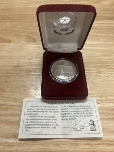 Chrysler Honors The Bill of Rights 1791-1991 1 Troy oz .999 Silver Coin w/ COA! - 第 5/6 張圖片