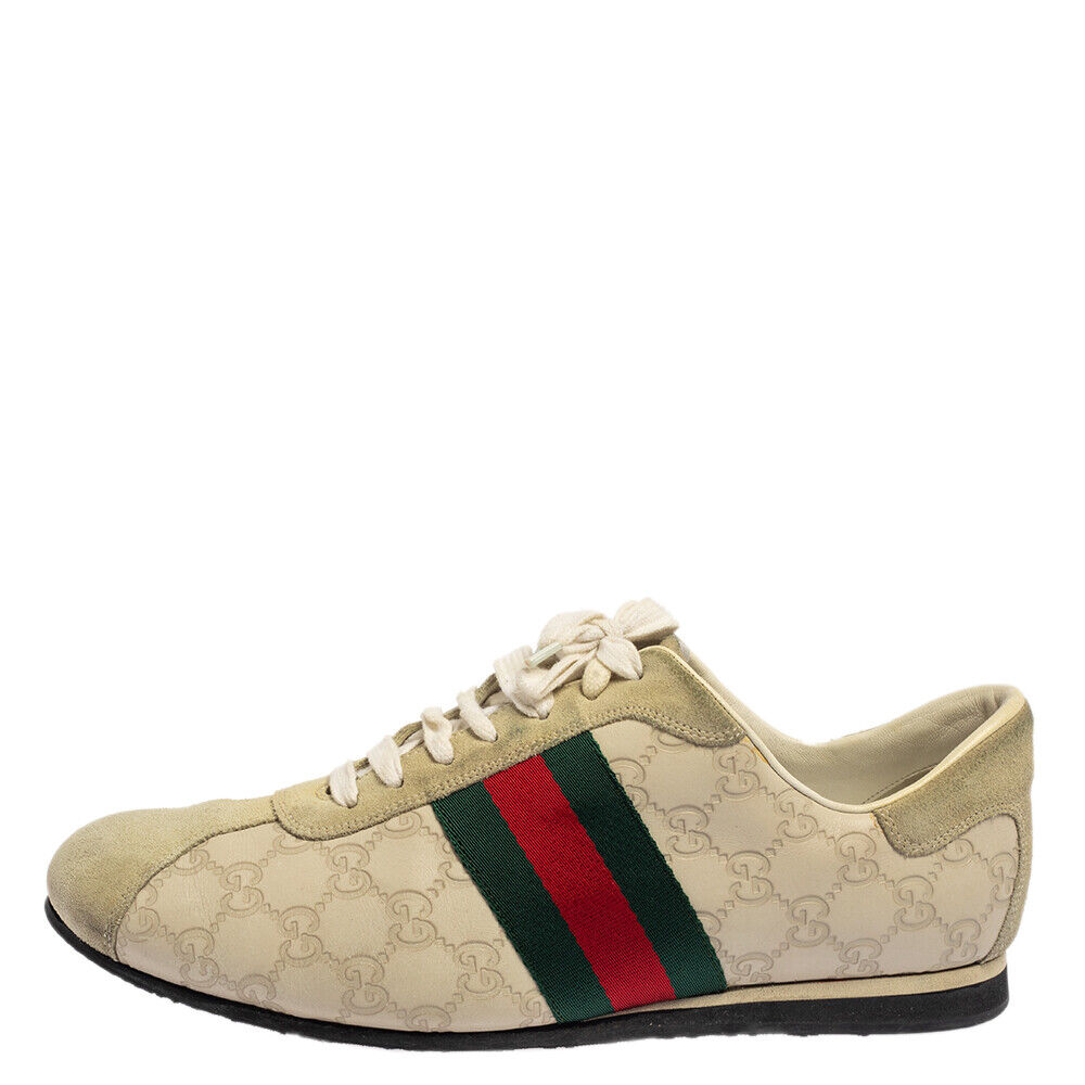 Gucci Cream Suede And Leather Web Low Top Sneakers Size 43.5 Gucci Cream Suede And Leather Web Low Top Sneakers Size 43.5