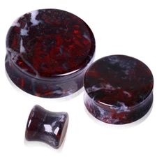 Pair of Natural Chicken Blood Stone Saddle Plug Double Flare Ear Lobe Plugs E603