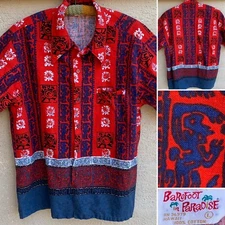 Vintage Barefoot In Paradise Hawaii Hawaiian Shirt Cotton Tiki Aloha Size Large