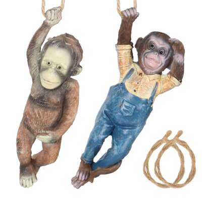 Monkey Chimp Hanging Rope Garden Ornament Outdoor Statue Sculpture Wall Decor