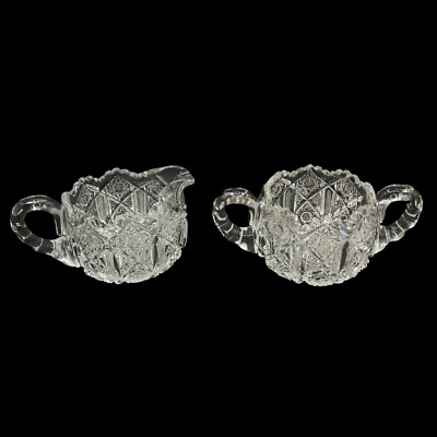 Antique American Brilliant Period ABP Cut Glass Hobstar Sugar & Creamer 1900s