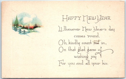 Frohes Neues Jahr mit Gedicht und Schneeszene Kunstdruck - Neujahr Grußkarte