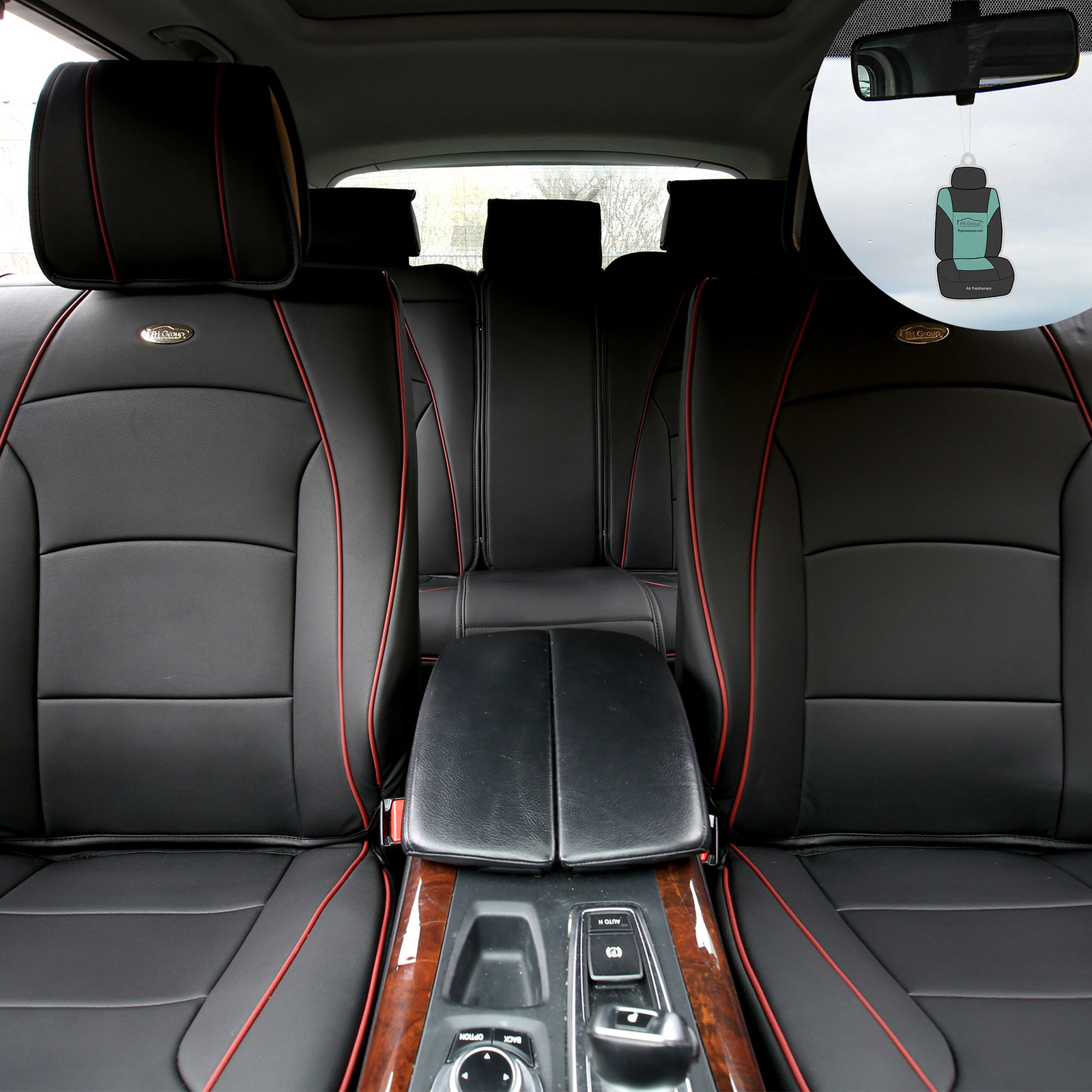 Car Seat Cover Leatherette Luxury Full Set Black Red Trim w/ Gift