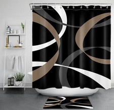 Brown Abstract Geometric Black and White Shower Curtain Set for Bathroom Decor
