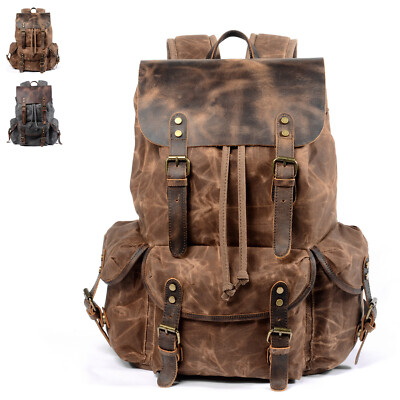 Water Resistant Wax Canvas Real Leather Flap Drawstring Backpack Day bag Travel | eBay Water Resistant Wax Canvas Real Leather Flap Drawstring Backpack Day bag Travel | eBay