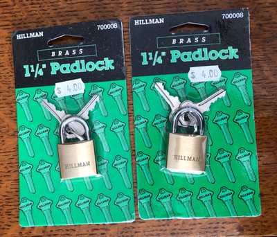 HILLMAN New Old Stock  **2 ** Brass Padlocks 1 1/4 Inch  #700008