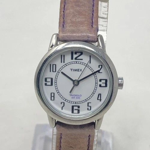 Vtg Timex Watch Women 25mm Silver Tone Pink Indiglo Retro Leather New Battery 8"