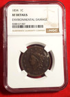 1834 Coronet Head Large Cent small 8 NGC XF Details - Environmental Damage *938* — photo 3